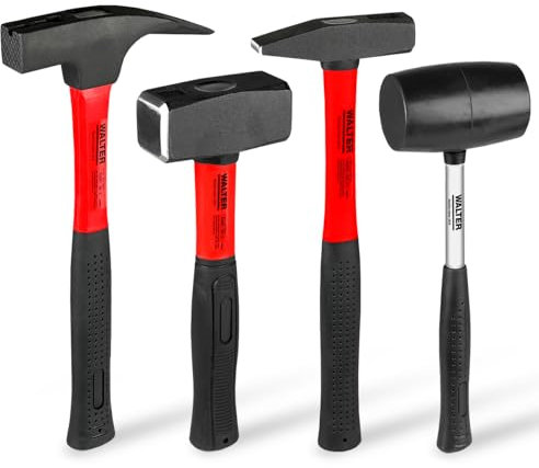 WALTER Hammerset 4tlg., Latthammer mit Magnet, Schlossniethammer, Handfäustel und Gummischonhammer mittelhart, Gleitschutzgriffe für rutschfeste Handhabung, Griff und Kopf mit Kunstharz vergossen