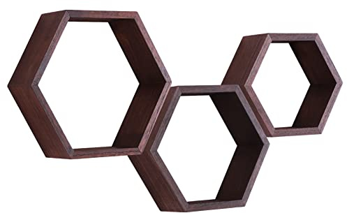 MITREL Hexagon Wandregal, Wohnzimmer Deko Wand, Holz Hängeregal für Schlafzimmer, 3er-Set(Dunkle Walnuss)