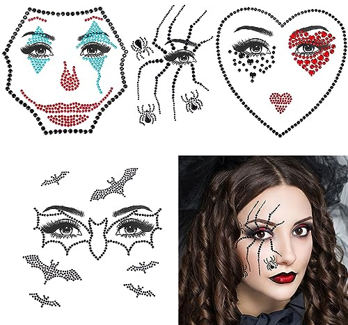 HOWAF 4 Halloween Tattoo Gesicht Edelsteine, Spinne, Fledermaus, Clown Tattoo Strass Aufkleber Gesicht Glitzersteine Gesichtstattoo fur Hallowee Kostum, Karneval Fasching Kostum Carnival Party, B
