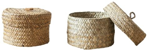 Anloximt 2Pack Kleine runde Seegras-Aufbewahrungskörbe zylinderförmige gewebte Regalkörbe kleine Seegras-Körbe mit Deckel Seegras-Behälter-Box Organizer-Hülle für Speisekammer Regale Schränke