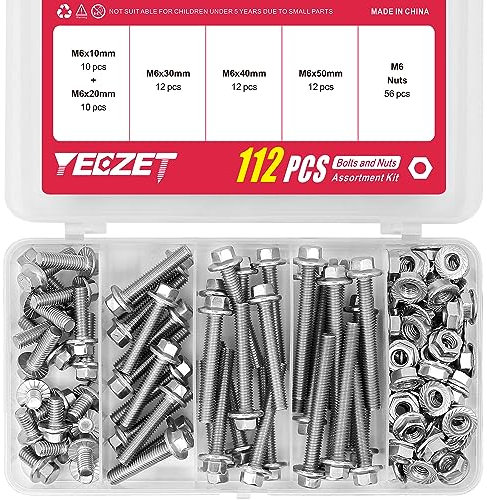 Kit de Pernos y Tuercas con Cabeza Hexagonal y Brida de 112 Piezas M6 de Acero Inoxidable 304. Incluye Longitudes de 10mm, 20mm, 30mm, 40mm, 50mm.
