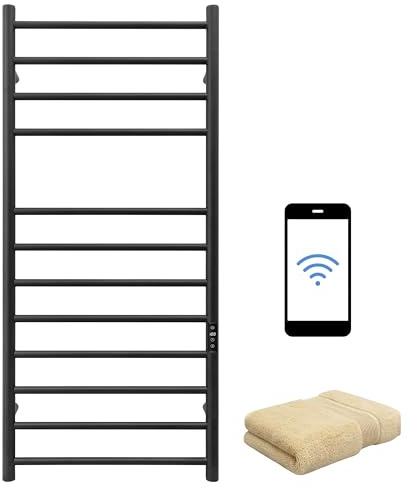 KEG Smart WiFi Towel Warmer Wall Mounted with Built-in Timer and Temperature Adjust Control, 12 Bars Electric Stainless Steel Heated Towel Racks for Bathroom Black