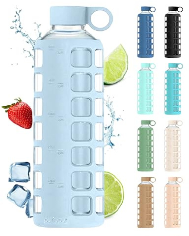 purifyou Premium Glass Water Bottles - 102/81/56/355ml - Reusable Bottle with Time and Volume Markings - Silicone Sleeve and Stainless Steel Lid for