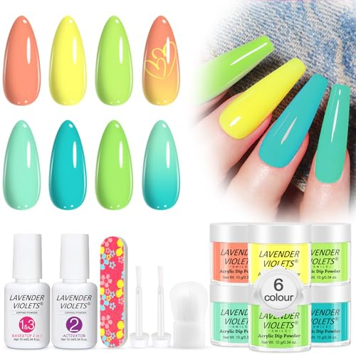 Lavender Violets 12 Pcs Dip Powder Nail Kit 6 Fresh Color Matching Palette Lemon Yellow Light Pink Neon Green Blue Dipping Powder Liquid Set 2 in 1 Base & Top Coat Activator Nail Art Manicure M211