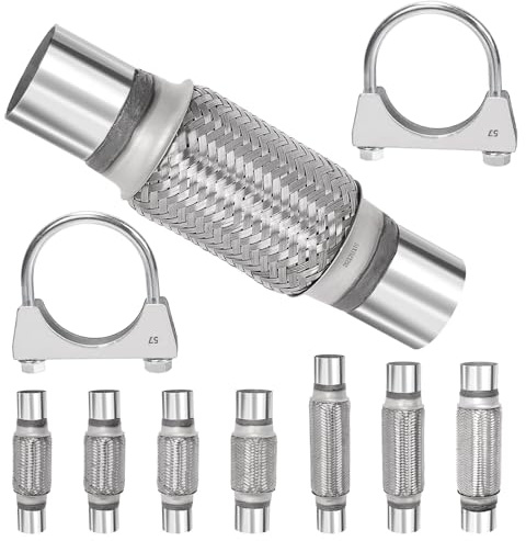 Swpeet 1Pcs 2.25 x 6 Inches Exhaust Flex Pipe with 2.25 Inches Exhaust U Clamp Kit, Universal Type Stainless Steel Double Braid Portion Zinc Pipes Exhaust Flex Tube Ideal for Heavy Duty and Cars