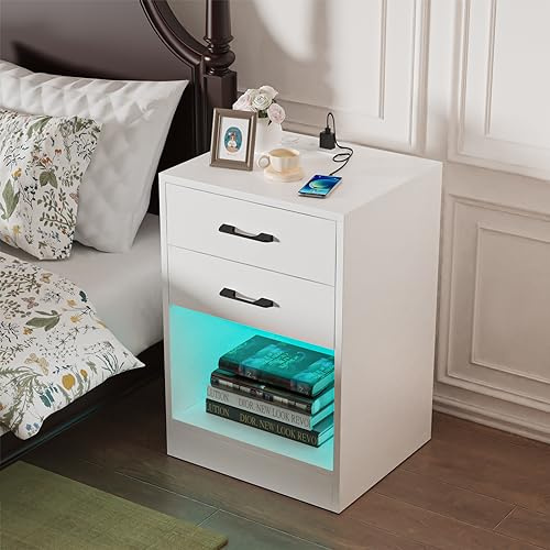 OXFENSEE Comodino con LED, Comodino con Stazione di Ricarica, Tavolino a 2 Porte e 2 Prese USB per Soggiorno, Camera da Letto (Bianca 40 × 35 × 60 cm)