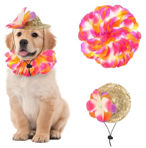 Hawaiian Pet Dog Costume,1 Pcs Flower Leis Garland and 1 Pcs Hawaiian Straw Hat Dog Puppy Hawaiian Leis Outfits for Pet Puppy Cat Party Dress-up Cosplay Costume