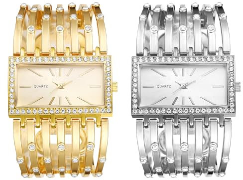 JewelryWe Damenuhr Rechteckig Armreif Uhr: 2 Stück Damen Glitzer Strass Analog Quarz Armbanduhr Frauen Breit Metallarmband Armspange Lässige Diamant Spangenuhr mit Eckigem Zifferblatt