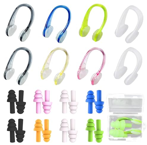 8Pezzi Clip per Naso da Nuoto e 8Paia di Tappi per le Orecchie da Nuoto,Clip per Naso Antiscivolo,Viene Fornito con Custodia,Ideato per Nuotatori e Principianti,Per gli sport acquatici
