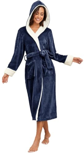 RONGTAI Womens Plush Fleece Hooded Bathrobe, Thick Nightgown Long Robe with Two Side Pockets and Belt, Fluffy and Cozy (Navy Blue, XXL)