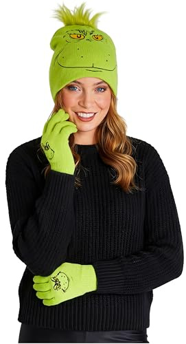 The Grinch Gorro y Guantes Mujer o Gorro Invierno con Manoplas, Regalo de Festivo, Amigo Invisible para Adolescentes, Mujeres, Adultos (Verde 2 piezas, 16+ Años)