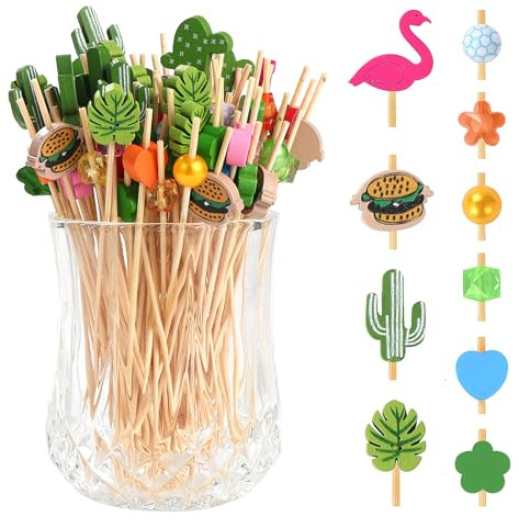 Mynoozi 100 Stück Cocktailspieße, 12cm Holz Cocktail Sticks, Fingerfood Spieße Cocktail Sticks Birthday mit verschiedenen Verzierungen an der Spitze für Lebensmittel Vorspeisenteller Snacks Käsespieße
