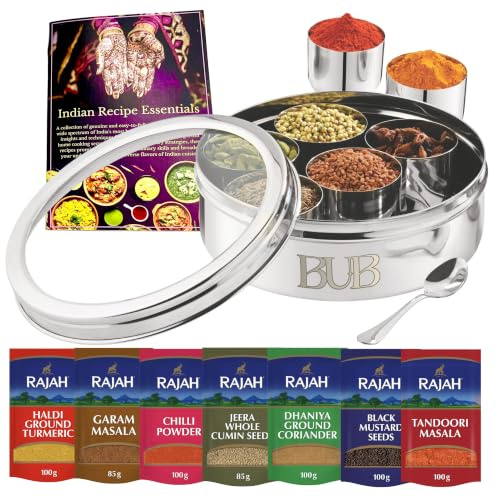 Bub Masala Dabba Gift Set | Premium Stainless Steel Spice Tin & 7 Rajah Spices, Recipe Book