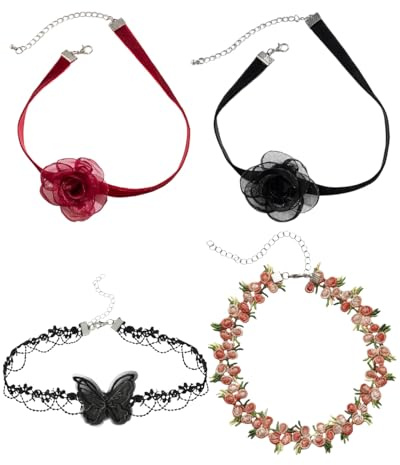 JEXOWIQ Kropfbänder,4 pcs Kropfband mit Anhänger für Frauen,Spitzenstickerei-Blumen-Halsband-Halskette, Rosenblüten-Choker-Schlüsselbeinkette-Halskette für Frauen,Spitze Halsband Halskette Mädchen