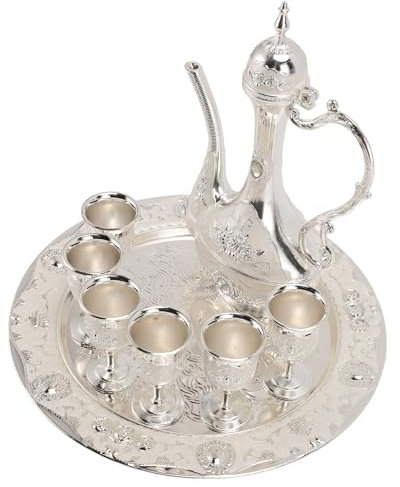 Juego de café Turco Vintage de Aleación de Zinc, con 6 Tazas, Olla, Bandeja, Juego de té Turco para Fiesta en Casa, Banquete, Boda, Comedor, Dormitorio o Cafetería (Plata Blanco)