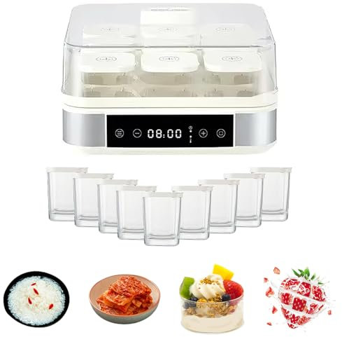 Yogurtera De Acero Inoxidable, Máquina Automática para Hacer Yogur con Control De Temperatura Y Tiempo Ajustable, Máquina para Hacer Yogur Digital con 9 Vasos De Vidrio, para Hacer Postres Caseros