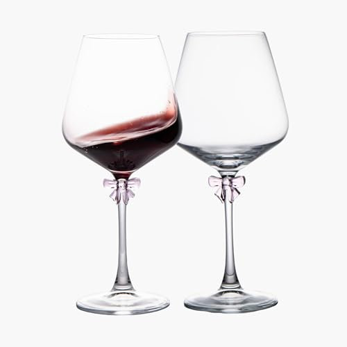 ASmirror Set di bicchieri da vino da 2 pezzi, bicchieri da vino rosso con fiocco rosa delicati ed eleganti, moderni ed eleganti, adatti per donne, uomini, matrimoni, Natale, compleanni