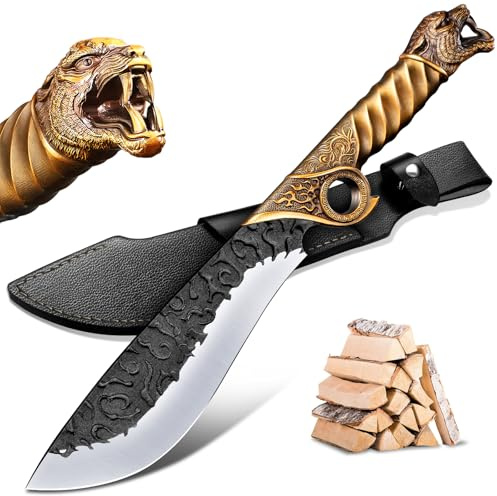 Purple Dragon Großes Outdoor Messer Survival-Messer aus Manganstahl, Gold | Survival Messer, Machete mit 5mm Klingenrücken, Zinklegierungs Goldgriff, Lederscheide, ideal zum Holzhacken, Männergeschenk