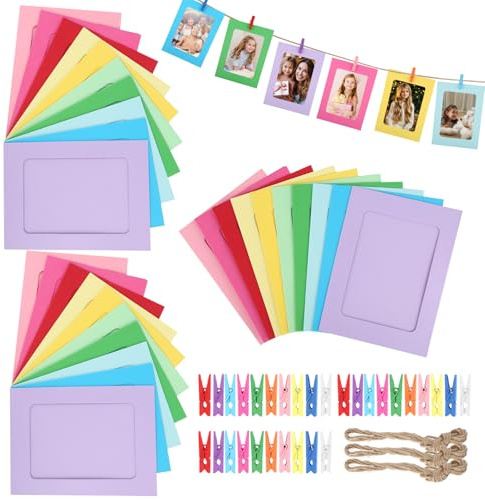 Lot de 30 cadres photo colorés en papier 11,5 x 15,5 cm en 10 couleurs avec clips en bois, petit et corde de chanvre, cadre photo créatif en carton pour la maison, l'école