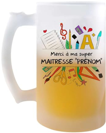 Planetee Chope de bière Personnalisable merci super Maitresse| Verre à Bière Cadeau Remerciement fin d'Années Maitresse d'école Maternelle Professeur Institutrice Prof Noël