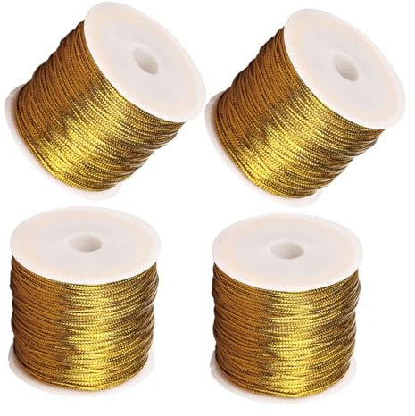 DOITOOL 4 Rollos de Cuerda Artesanal Elástica Dorada de Fibra Plástica Excelente Elasticidad y Resistencia para Embalaje y Atado de Paquetes