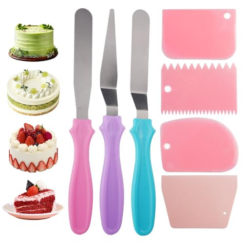 7 Piezas Juego de EspáTulas Para Glaseado, Espátulas Angulares para Tartas, Espátula para Tartas, con 4 Raspadores de Plástico, Espátula Reposteria de Acero Inoxidable, para Decoración de Pasteles