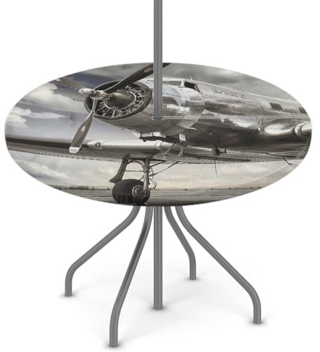Woltant Tovaglia rotonda con foro per ombrellone e cerniera, facile da pulire, con bordi elastici, protezione per tavolo da esterno, per giardino, patio, barbecue (aereo vintage)