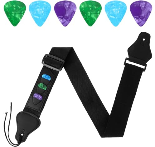 QfwdfcTrenz Gitarrengurt Akustikgitarre Geflochtene Verstellbare Gurte Gitarrengurt Schwarz Baumwolle Einstellbar 5 cm Bass E-Gitarre Akustik PU-Lederenden 6 Plektrumhaltern für Westerngitarre