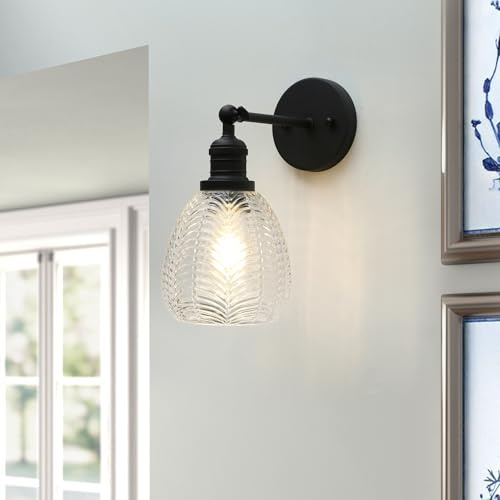 E27 Vintage Wandleuchte innen Wandlampe für Küche Bad Flur Wohnzimme office | Vintage Wandleuchte E27 Modern innen Lampe mit Handgeblasens Glocken klarglasschirm und schwarz Stabile Metall Halterung