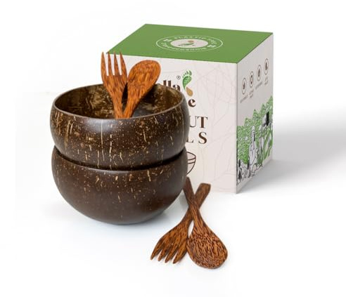 Bella Tree® Lot de 2 bols Jumbo en noix de coco avec 2 cuillères en bois et 2 fourchettes en bois