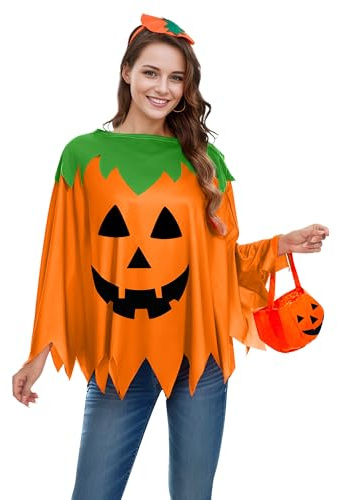 Singtis Kürbis Kostüm Damen 3-teilig, Halloween Kürbis Kleid mit Stirnband & Süßigkeitentasche | Lustiges Damenkostüm für Erwachsene & Mädchen | Verkleidung für Halloween & Karneval Party