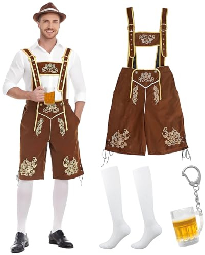 Costume Oktoberfest Uomo, Costume Carnevale Uomo con Pantaloni In Pelle, Calzettoni Alti Fino Ginocchio e Portachiavi Bottiglia Birra per Halloween, Travestimenti, Cosplay, Feste Festival Della Birra