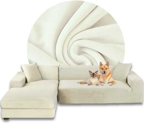 Domidekor Sofa Überzug L-Form – Elastischer Samt Couchbezug, Weich und Wasserdicht – Couch Überzug fur 2/3 Sitzer, Universal Sofaüberwurfe mit Anti-Rutsch-Schaumstoffe, Creme, Links