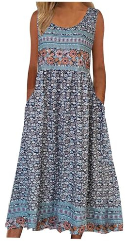 Boho Dresses for Women UK Italian Short Sleeve Button V Neck Dress with Pocket Ladies Floral Casual Sundress Elegant Swing Midi Dress Loose Pullover Lounge Dresses Beach Holiday Sundress