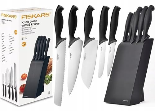 Fiskars Messerblock Set, 5 Messer aus hochwertigem Edelstahl HRC52, Ergonomische Softgrip-Griffe, Schwarzer Holzblock