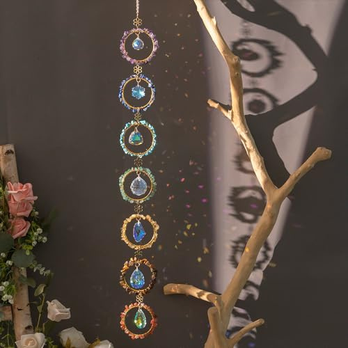 MIXIUJIEN Chakra Hanging Crystals Natural Gemstone Decor Window Sun Catcher 7 Chakra Spheres Gemstone Wall Hangings Healing Crystal Decor Decoration Gift for Mom