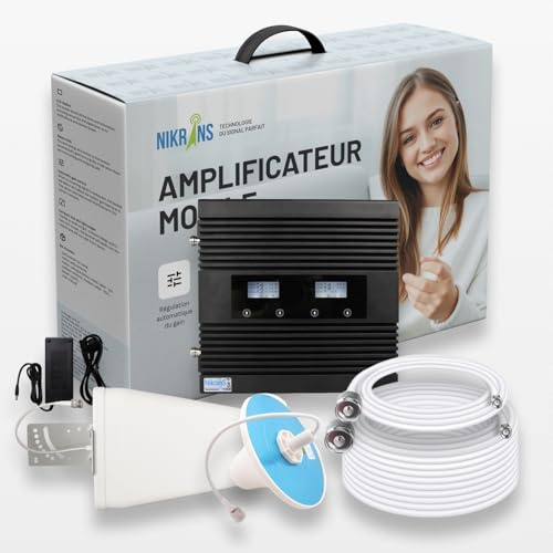 Nikrans Amplificateur GSM & 4G – Bi-Bande 900/1800 MHz – Couverture Jusqu’à 800 m² – Booster Mobile pour Appels et Internet 3G/4G – Compatible avec Tous Les Opérateurs Français