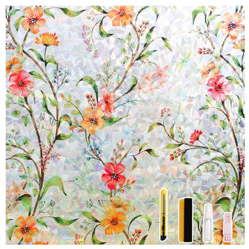 Conkov Fensterfolie Blickdicht Selbsthaftend, Bunt Sichtschutzfolie Regenbogen Statisch Haftend Folie Fenster Anti-UV Sonnenschutzfolie für Wohnzimmer Küche, Blume 44,5 x 400cm