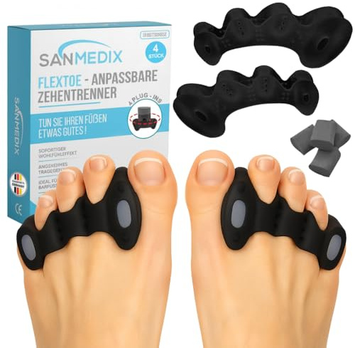 Sanmedix Zehenspreizer – 2 Paar Zehentrenner mit Plug-In System für Hallux Valgus, Ballenzehen & Zehenkorrektur – Silikon Toe Spacer für Damen & Herren (Schwarz, Einheitsgröße)