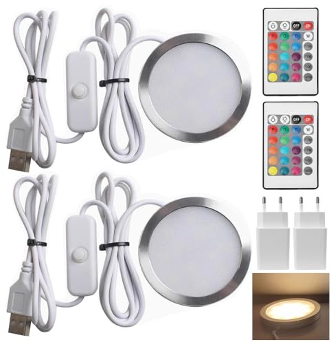 Nzkeuf 2 Artículos Led Cocina Bajo Mueble Ajustable, Redondo Luces Led Cocina con Interruptor y Control Remoto, Varios Colores, Enchufes Estándar Europeos, Aptos para Armarios, Vitrinas y Roperos