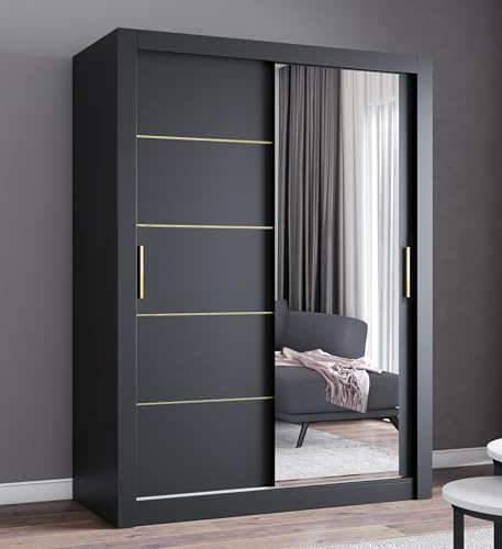FHI-IBIZA Gold Modern Sliding Door Wardrobe with Full-Length Mirror – Bedroom Closet Storage Cabinet – Available in 120cm, 150cm, 180cm, 203cm & 250cm – White, Black, Grey & Oak (Black, 150cm)