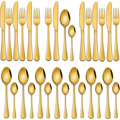 Gold 32-Piece Cutlery Sets,Gold Tableware Sets Includes Dinner Spoons and Fork Table Knives for Kitchen Eating Utensils Set,Stainless Steel Silverware Sets for Home