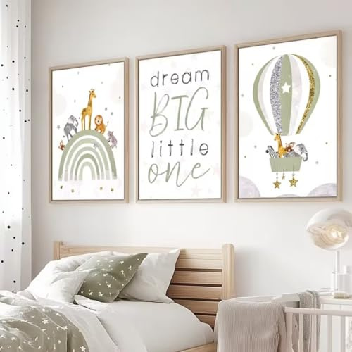 Ueiwffzo 3er Poster Set Babyzimmer Deko Leinwand Bilder Regenbogen Tier Heißballon Wandbilder, Wandposter Kinderzimmer Deko, Ohne Rahmen (21x30cm)