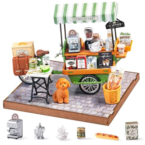 Rolife Maison de Poupée en Bois Chariot de Café Aromatique Maquette en Bois Kit de Modèle Maison Miniature Book Nook Décoration de la Maison Cadeau Créatif pour Adultes