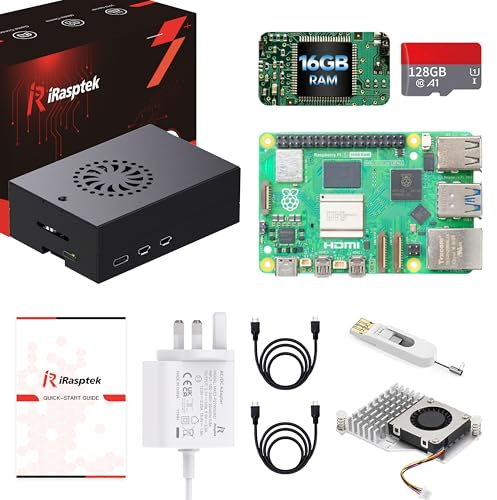 iRasptek Starter Kit For Raspberry Pi 5 16GB RAM- Edizione OS-Bookworm da 128GB preinstallata(case in alluminio)