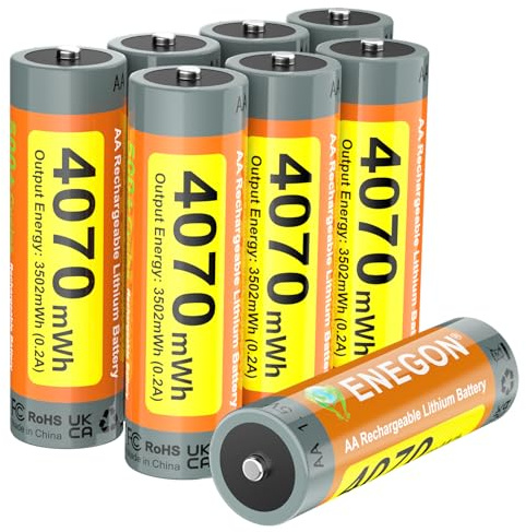 ENEGON 8-Pack Piles Rechargeables AA au Lithium 4070 mWh 1,5 V, à Charger Uniquement avec Un Chargeur spécialisé pour Piles au Lithium. Haute Performance pour manettes de Jeu, serrures Intelligent