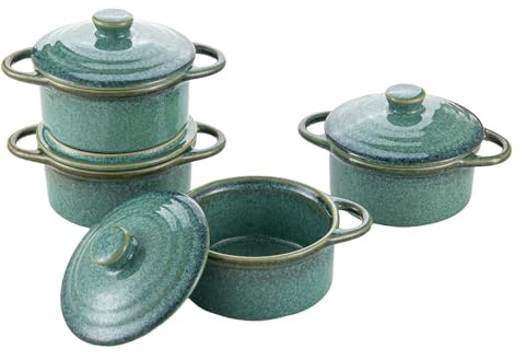 HENXFEN LEAD Casserole Dishes Ceramic, 350ml Mini Cocottes Soufflé Ramekins with Lids and Handles, Set of 4 Small Ramekins for Baking, Glossy Green