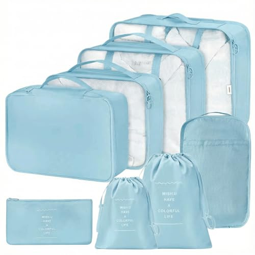 Organisateur Valise 8 Pièces,Organiseurs de Bagage pour Voyage,Packing Cubes de Voyages Pochette,Sacs Rangement de Valise Voyage Accessoires,pour Vêtements, Chaussures et Cosmétiques etc(Bleu Clair)