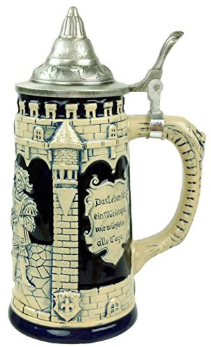 Collectible German Castle Festive Engraved Cobalt Blue Beer Stein with metal lid