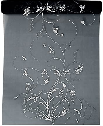 Tischläufer schwarze Organza Ranken Motiv Silber 36cm x 9m - Organzaband mit Glitzer glänzenden Ornamenten - Deko Tischband Schleifenband Weihnachtsband - Tischdeko Weihnachten